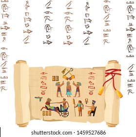 Ancient Egypt papyrus scroll with red cord cartoon vector. Ancient paper with hieroglyphs and Egyptian culture religious symbols, ancient gods, chariot and human figures, isolated on white background