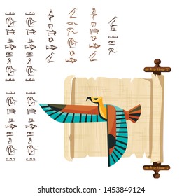 Ancient Egypt papyrus scroll with wooden rods cartoon vector illustration. Egyptian culture symbol, blank unfolded ancient paper with wooden sticks, flying falcon and hieroglyphs, isolated on white