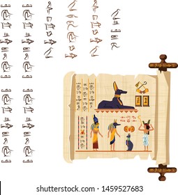 Ancient Egypt papyrus scroll with wooden rod cartoon vector. Ancient paper with hieroglyphs and Egyptian culture religious symbols, ancient gods, scarab and human figures, isolated on white background