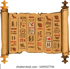 Ancient Egypt papyrus scroll with wooden rods cartoon vector. Ancient paper with hieroglyphs and Egyptian culture religious symbols, ancient gods, sacred bird, isolated manuscript on white background