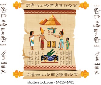 Ancient Egypt papyrus scroll with wooden rods cartoon vector. Ancient paper with hieroglyphs and Egyptian culture religious symbols, ancient gods, pyramids and human figures, isolated on white