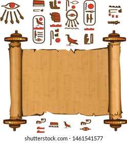 Ancient Egypt papyrus scroll with wooden rods cartoon vector. Ancient paper with hieroglyphs and Egyptian culture religious symbols, ancient gods, sacred bird, isolated manuscript on white background