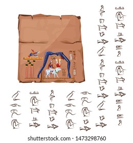 Ancient Egypt papyrus or stone cartoon vector with hieroglyphs and Egyptian culture religious symbols, Ra sits on cow back, over it in form of night sky goddess Nut, Ra leaving for sky legend