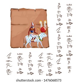 Ancient Egypt papyrus or stone cartoon vector with hieroglyphs and Egyptian culture religious symbols, Ra sits on white star-covered cow back, Ra leaving for sky, legend