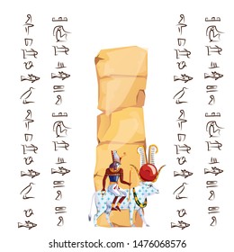 Ancient Egypt papyrus or stone cartoon vector with hieroglyphs and Egyptian culture religious symbols, Ra sits on white star-covered cow back, Ra leaving for sky, legend