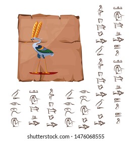 Ancient Egypt papyrus or stone column with white ibis cartoon vector illustration. Ancient paper with hieroglyph for storing information, Egyptian culture religious symbol isolated on white background