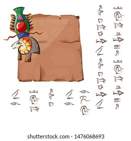 Ancient Egypt papyrus or stone column with ram head cartoon vector illustration. Ancient paper with hieroglyphs for storing information, Egyptian culture religious symbol, isolated on white background