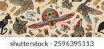 Ancient Egypt pattern. Egyptian culture background. Sacred scarab. Horus falcon, pyramids, magic eye, ethnic ornaments. Old school tattoo style