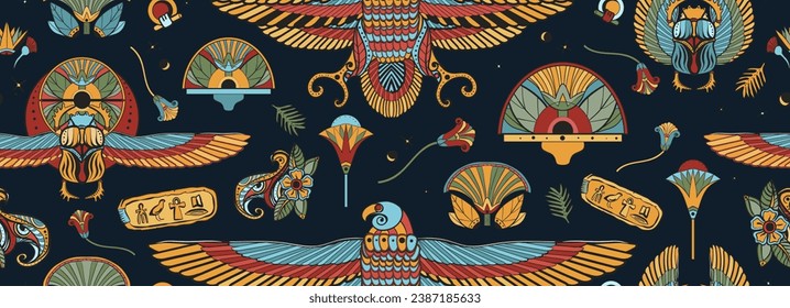 Ancient Egypt pattern. Egyptian culture background. Sacred scarab, Horus falcon, pyramids, magic eye, ethnic ornaments. Old school tattoo style