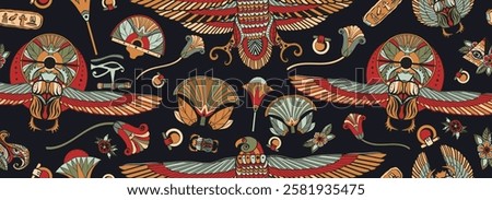 Ancient Egypt pattern. Horus falcon, pyramids, magic eye, ethnic ornaments. Old school tattoo style. Egyptian culture background. Sacred scarab