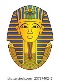 Ancient Egypt with pharaoh golden mask or head symbol drawing in colorful cartoon vector