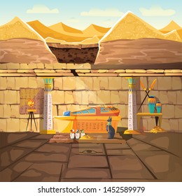 Ancient Egypt pharaoh lost tomb, underground cartoon vector illustration. Archeological excavations, treasures hunting concept. Desert, dug sand and sunbeam in crypt with sarcophagus and gold coins