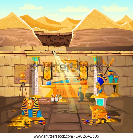 Ancient Egypt pharaoh lost tomb, underground cartoon vector illustration. Archeological excavations, treasures hunting concept. Desert, dug sand and sunbeam in crypt with sarcophagus and gold coins