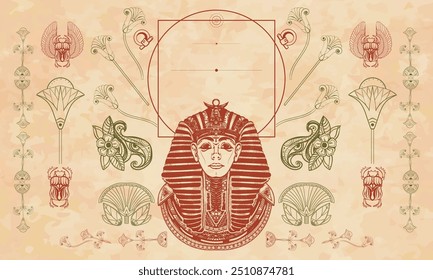 Ancient Egypt. Pharaoh. Old civilization art. Cover page template. Art background. Medieval manuscript style