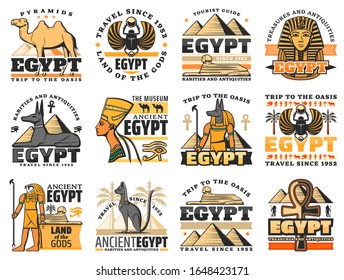 Ancient Egypt pharaoh pyramids and gods vector design of Egyptian travel icons. Great pyramids of Giza, Sphinx and ankh symbol, Anubis, Horus and scarab, eye of Horus, Tutankhamun and Nefertiti