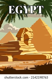 Ancient Egypt Pharaoh Pyramids Sphinx Vintage Poster. Travel to Egypt Country, Sahara desert, palms. Retro card illustration vector