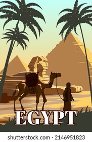 Ancient Egypt Pharaoh Pyramids Sphinx Vintage Poster. Travel To Egypt Country, Sahara Desert, Camel With Egyptian. Retro Card Illustration Vector