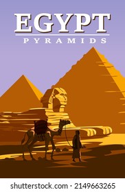 Ancient Egypt Pharaoh Pyramids Sphinx Vintage Poster. Travel to Egypt Country, Sahara desert, camel with Egyptian. Retro card illustration vector isolated