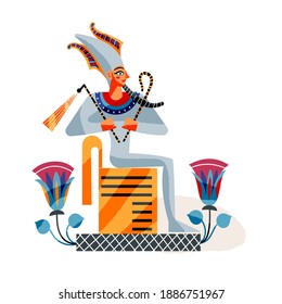 Ancient Egypt pharaoh sitting. Egyptian art history symbol and god vector illustration. Pharaoh statue on throne with scepter ruling civilization. Mythology elements and patterns.