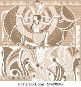 Ancient Egypt. Pharaoh sitting on a lotus flower and the celestial cow.