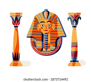 Ancient Egypt pharaoh statue and columns. Egyptian art history symbol and god vector illustration. Pharaoh statue isolated on white background. Mythology elements and patterns.