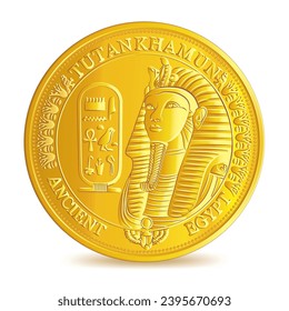 Ancient Egypt Pharaoh Tutankhamen Golden coin isolated on white background in vector illustration