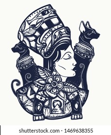 Ancient Egypt. Portrait egyptian queen Nefertiti and two black cats. Strong and independent woman. Old school tattoo style 