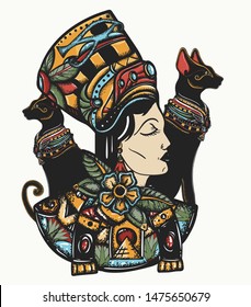 Ancient Egypt. Portrait egyptian queen Nefertiti and two black cats. Strong and independent woman. Old school tattoo  and t-shirt design 