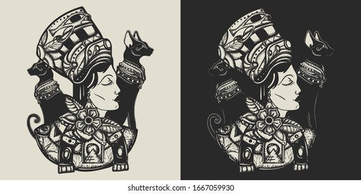 Ancient Egypt. Portrait egyptian queen Nefertiti and two black cats. Template for clothes, covers, emblems, stickers, poster and t-shirt design. Typography art. Vector illustration 