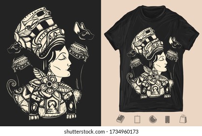 Ancient Egypt. Portrait egyptian queen Nefertiti and two black cats. One color creative print for dark clothes. T-shirt design. Template for posters, textiles, apparels 