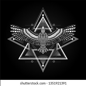 Ancient egypt print for t shirt, tattoo art, coloring book pages. Black and white ornament. Masonic symbol. Scared geometry with flying bird. Vintage. Mandala.