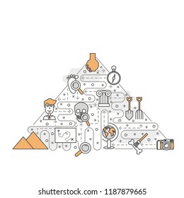 Ancient Egypt pyramid shape poster banner template. Archaeology vector thin line art flat style design elements, icons for web banners and printed materials.