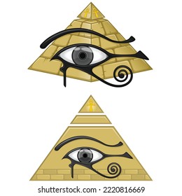 Antiguo diseño vectorial de pirámide de Egipto, con el ojo del horus y la cruz anneada, antiguos símbolos egipcios