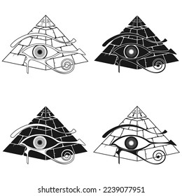 Antiguo diseño vectorial de pirámide de Egipto, con el ojo del horus y la cruz anneada, antiguos símbolos egipcios