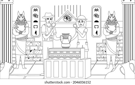 Ancient Egypt pyramide inside coloring book page for kids and adults with archeologists searching for treasure, gods and pharaoh, black and white art