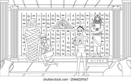 Ancient Egypt pyramide inside interior with columns and symbols,coloring book page for kids and adults with archeologists searching for treasure, gods and pharaoh, black and white art