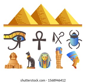 Ancient Egypt Pyramids, Egyptian Gods And Pharaohs Isolated Icons Vector. Traveling, Horus Eye And Ankh, Scarab And Sphinx, Black Cat And Mummy Coffin. Cleopatra Head, Architecture And Landmark