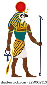 Ancient Egypt. Ra, God of the sun. Man with the head of a falcon, sailing in a boat. Vector illustration isolated on white background.