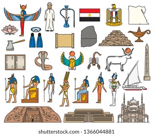 Ancient Egypt religious symbols and sacred gods. Vector Egyptian culture and history pyramid, Amon or Anubis and Osiris, Arab bedouin or scarab and scorpion, mosque and pharaoh temple, map and flag