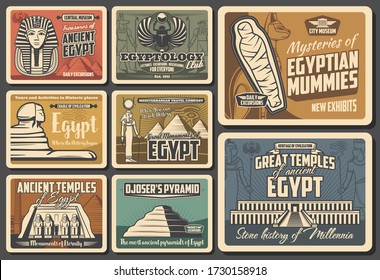 Ancient Egypt retro vector posters. Cairo pyramids travel, Egyptian mummies, Pharaoh mysteries. Egyptology exhibition and museum, god temples and monuments, vintage Egypt landmarks and sightseeing