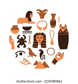 Ancient Egypt round card with ancient sculptures and hieroglyphs. Trendy abstract antique texture. Colored flat vector illustration.
