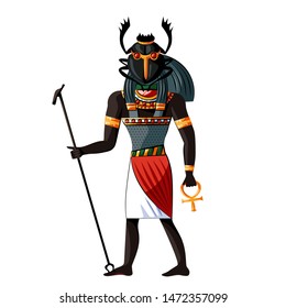 Ancient Egypt scarab-faced god Khepri cartoon vector. Egyptian culture religious symbols, rising or morning sun god with human figure and beetle head with sacred symbols in his hands