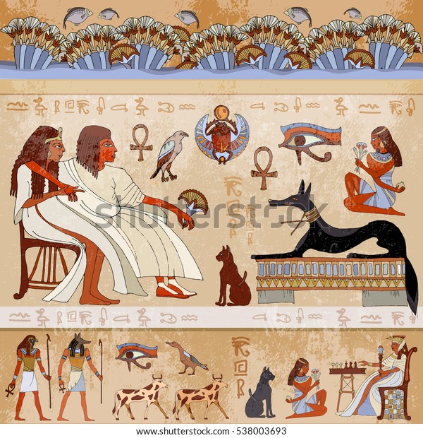 古代エジプトの風景 エジプトの神々とファラオ 古代エジプトの寺院の外壁に彫刻の象形文字が描かれていた 古代エジプトの壁画 のベクター画像素材 ロイヤリティフリー