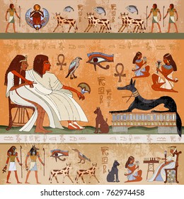 Ancient egypt scene. Gods and pharaohs. Murals ancient Egypt. Hieroglyphic carvings on the exterior walls temple 