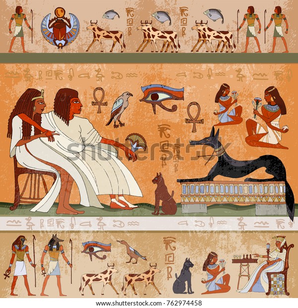 Ancient Egypt Scene Gods Pharaohs Murals Stock Vector