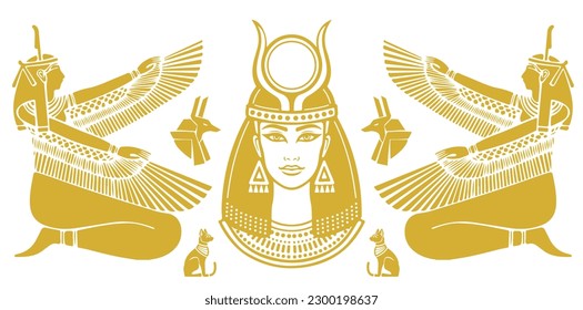 Ancient Egypt scene. Hieroglyphic carvings on the exterior walls of an ancient Egyptian temple. Egypt stone border, vector seamless papyrus ornament, god silhouette, holly cat, wall hieroglyphs.