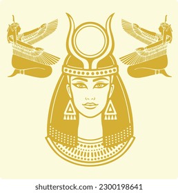 Ancient Egypt scene. Hieroglyphic carvings on the exterior walls of an ancient Egyptian temple. Egypt stone border, vector seamless papyrus ornament, god silhouette, holly cat, wall hieroglyphs.