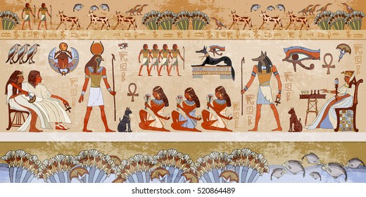 Ancient egypt scene. Hieroglyphic carvings on the exterior walls of an ancient egyptian temple. Grunge ancient Egypt background. Hand drawn Egyptian gods and pharaohs. Murals ancient Egypt. 