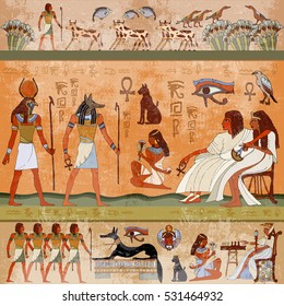 Ancient egypt scene. Hieroglyphic carvings on the exterior walls of an ancient temple. Hand drawn Egyptian gods and pharaohs 