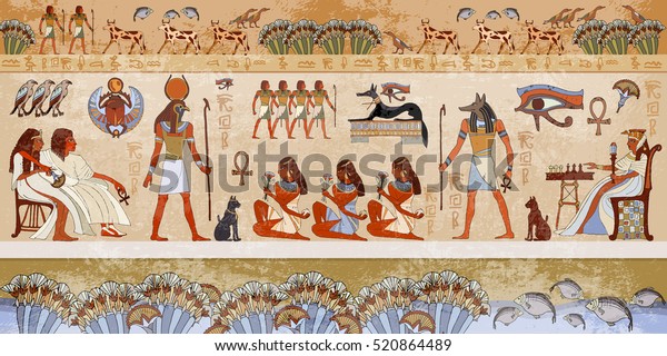 Ancient egypt scene. Hieroglyphic carvings on the\
exterior walls of an ancient egyptian temple. Grunge ancient Egypt\
background. Hand drawn Egyptian gods and pharaohs. Murals ancient\
Egypt